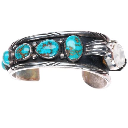 6.3" Dee Morris high grade turquoise vintage sterling silver watch cuff bracelet
