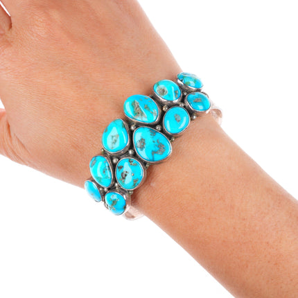 6.8" Victoria Nez Navajo sterling silver turquoise cluster cuff bracelet