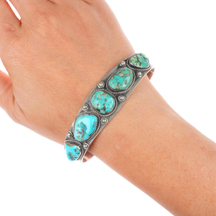 7.1" 1940's-50's Navajo hand stamped sterling silver turquoise row cuff bracelet