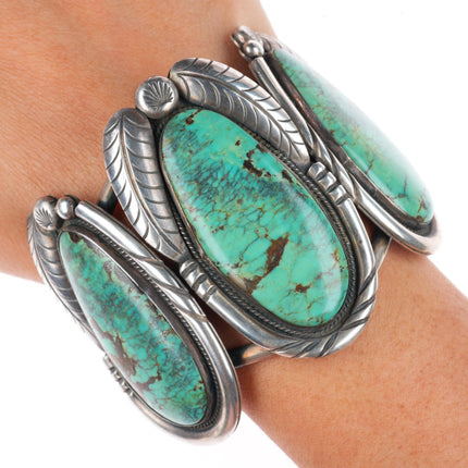 5.9" Vintage Navajo sterling silver 3 stone large green turquoise cuff bracelet