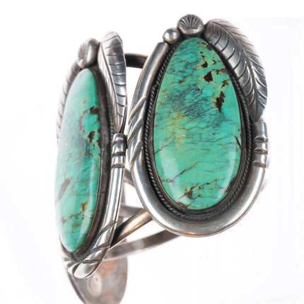 5.9" Vintage Navajo sterling silver 3 stone large green turquoise cuff bracelet