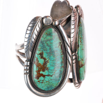 5.9" Vintage Navajo sterling silver 3 stone large green turquoise cuff bracelet