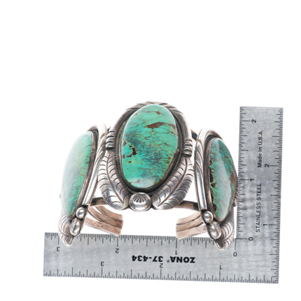 5.9" Vintage Navajo sterling silver 3 stone large green turquoise cuff bracelet
