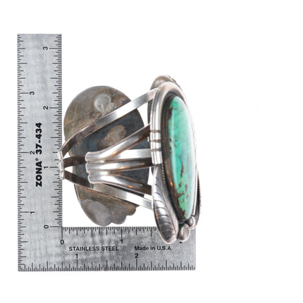 5.9" Vintage Navajo sterling silver 3 stone large green turquoise cuff bracelet