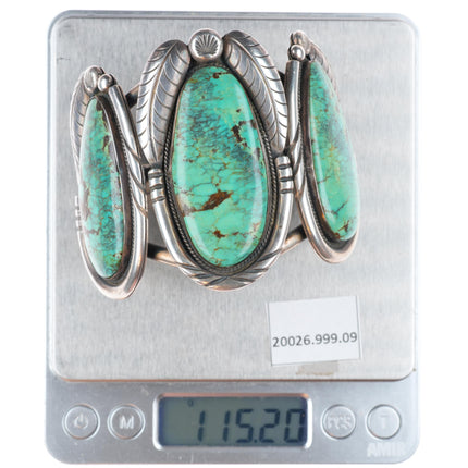 5.9" Vintage Navajo sterling silver 3 stone large green turquoise cuff bracelet