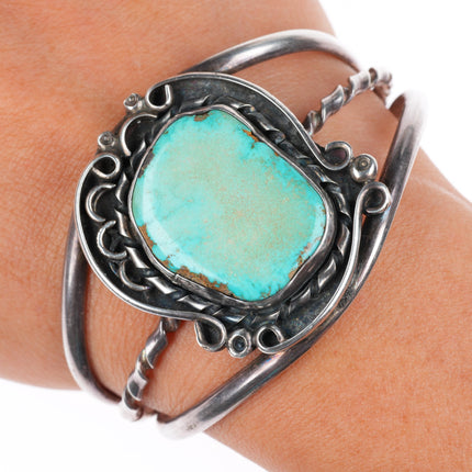 6.1" vintage Navajo sterling silver turquoise cuff bracelet twisted center wire