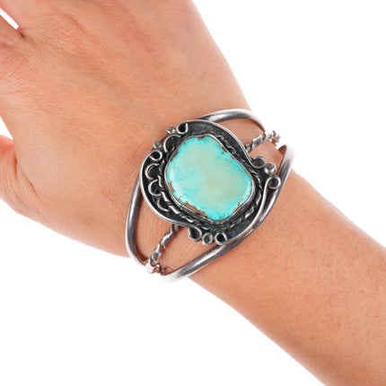 6.1" vintage Navajo sterling silver turquoise cuff bracelet twisted center wire