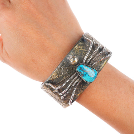 7.1" Tufa Cast coin silver turquoise cuff bracelet Jacob Troncosa San Felipe