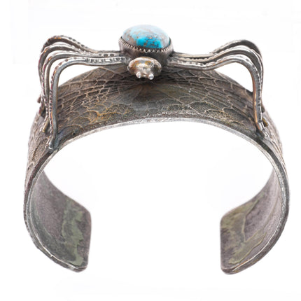 7.1" Tufa Cast coin silver turquoise cuff bracelet Jacob Troncosa San Felipe