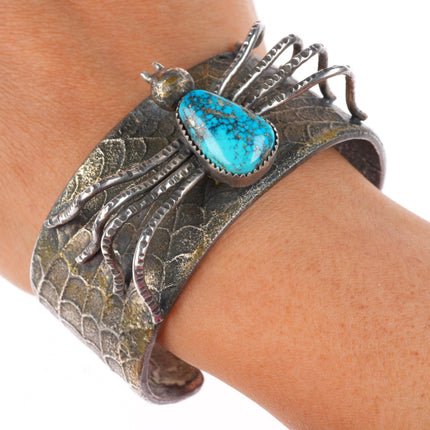 7.1" Tufa Cast coin silver turquoise cuff bracelet Jacob Troncosa San Felipe