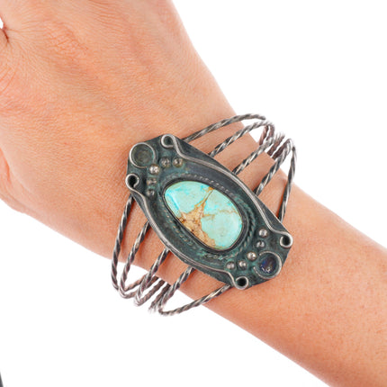 7.75" Vintage Navajo sterling silver twisted wire cuff bracelet with turquoise