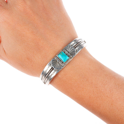 6.25" c1920-30's Navajo Ingot silver Blue Gem turquoise stamped cuff bracelet