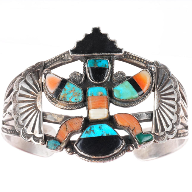 6.8" vintage Zuni spiny oyster/turquoise sterling silver knifewing cuff bracelet