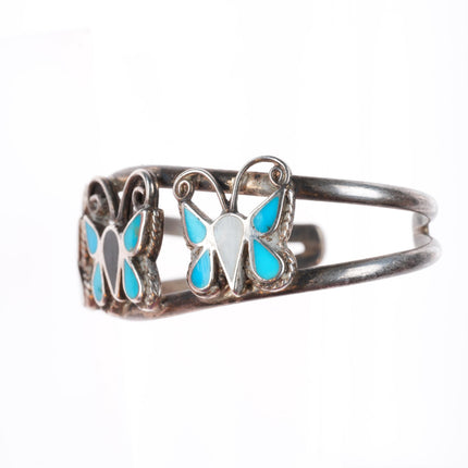 6" vintage Zuni sterling silver turquoise, jet, shell butterfly cuff bracelet