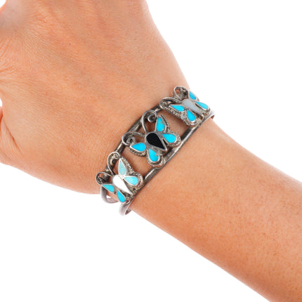 6" vintage Zuni sterling silver turquoise, jet, shell butterfly cuff bracelet