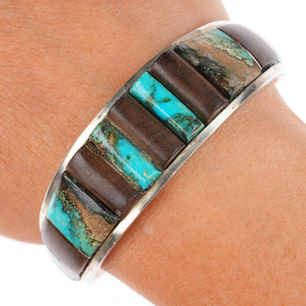 6.5" Vintage Native American sterling silver turquoise/ironwood cuff bracelet