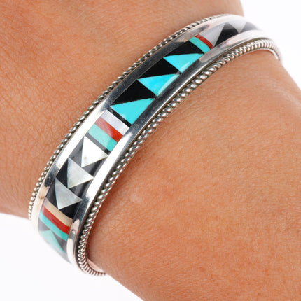 6.1" Bernard Cachini Zuni sterling silver multistone inlay tapered cuff bracelet