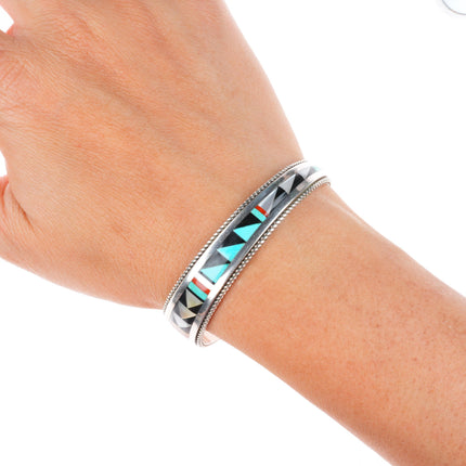 6.1" Bernard Cachini Zuni sterling silver multistone inlay tapered cuff bracelet