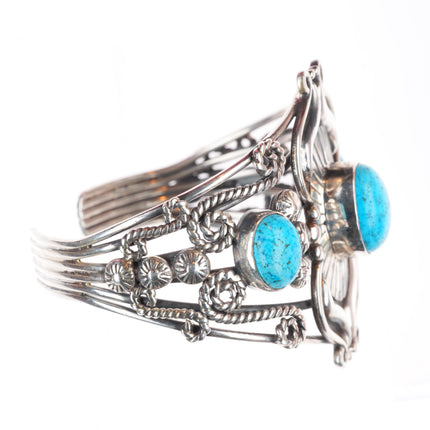 6.7" vintage Navajo sterling silver turquoise wirework cuff bracelet