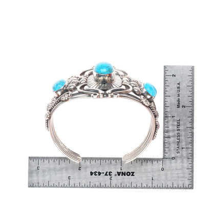 6.7" vintage Navajo sterling silver turquoise wirework cuff bracelet
