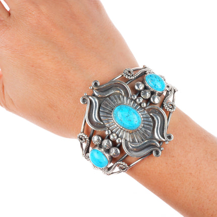 6.7" vintage Navajo sterling silver turquoise wirework cuff bracelet