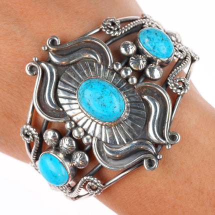 6.7" vintage Navajo sterling silver turquoise wirework cuff bracelet