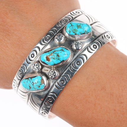 6.25" vintage Navajo sterling silver turquoise hand stamped cuff bracelet
