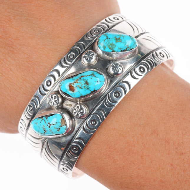 6.25" vintage Navajo sterling silver turquoise hand stamped cuff bracelet