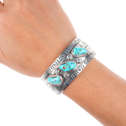 6.25" vintage Navajo sterling silver turquoise hand stamped cuff bracelet