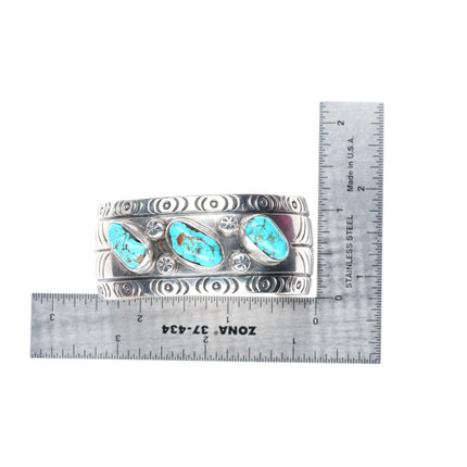 6.25" vintage Navajo sterling silver turquoise hand stamped cuff bracelet