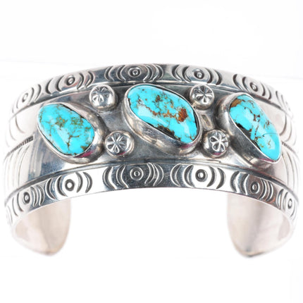 6.25" vintage Navajo sterling silver turquoise hand stamped cuff bracelet
