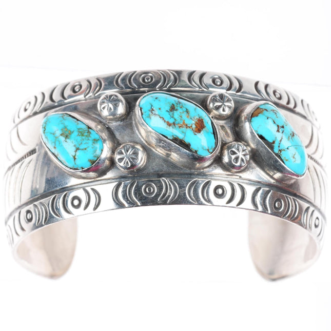 6.25" vintage Navajo sterling silver turquoise hand stamped cuff bracelet