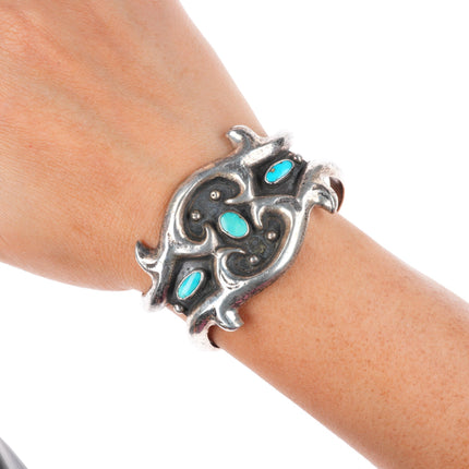 5.8" c1950 vintage Navajo cast sterling silver cuff bracelet with turquoise