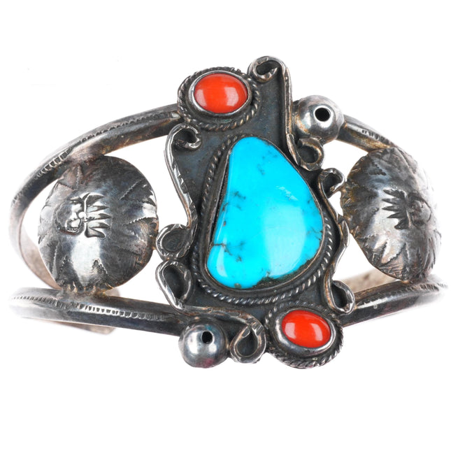6.6" vintage Navajo sterling silver turquoise and coral cuff bracelet