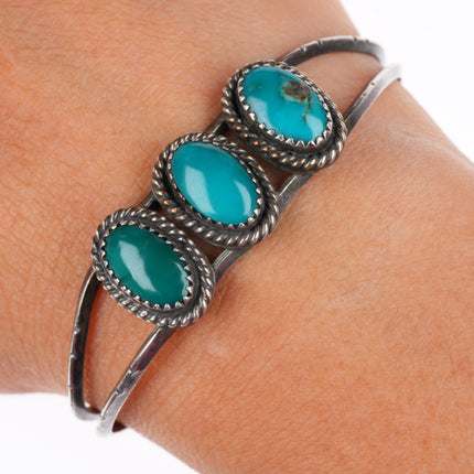 5.75" vintage Navajo sterling silver 3 stone high grade turquoise cuff bracelet