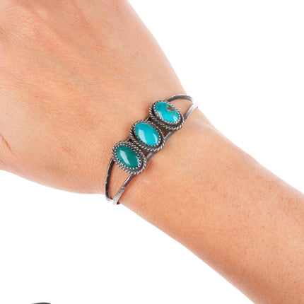 5.75" vintage Navajo sterling silver 3 stone high grade turquoise cuff bracelet