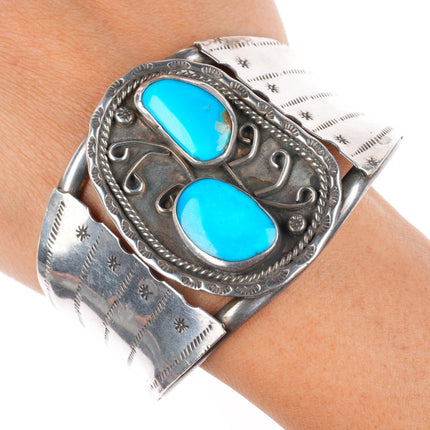 7" vintage Navajo sterling silver turquoise stamped sides cuff bracelet