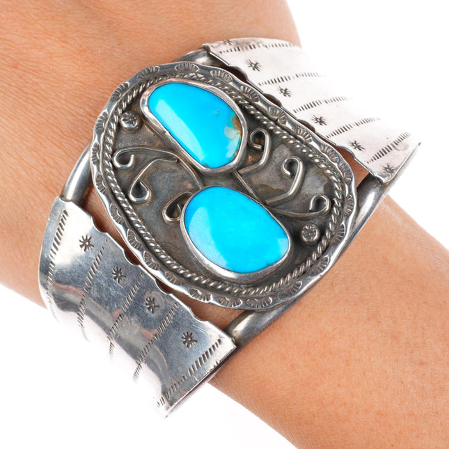 7" vintage Navajo sterling silver turquoise stamped sides cuff bracelet