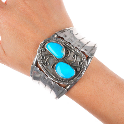 7" vintage Navajo sterling silver turquoise stamped sides cuff bracelet
