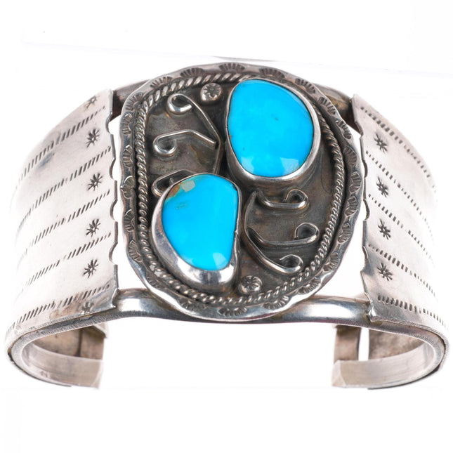 7" vintage Navajo sterling silver turquoise stamped sides cuff bracelet
