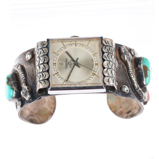 6.9" vintage Zuni sterling silver turquoise and coral watch cuff bracelet