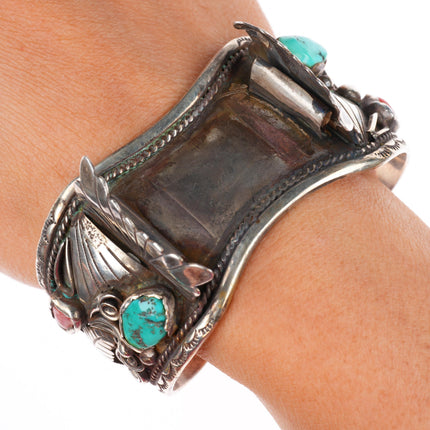 7" Robert Kelly Navajo sterling silver turquoise/coral watch cuff bracelet
