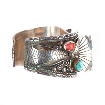 7" Robert Kelly Navajo sterling silver turquoise/coral watch cuff bracelet