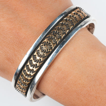 7.25" Darin Bill Navajo sterling silver gold filled heavy stamped cuff bracelet