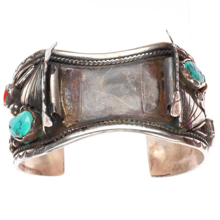 7" Robert Kelly Navajo sterling silver turquoise/coral watch cuff bracelet