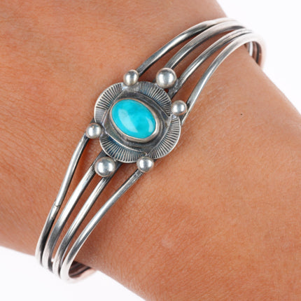 6.5" 1930's vintage Navajo Ingot silver 4 shank cuff bracelet Blue Gem turquoise
