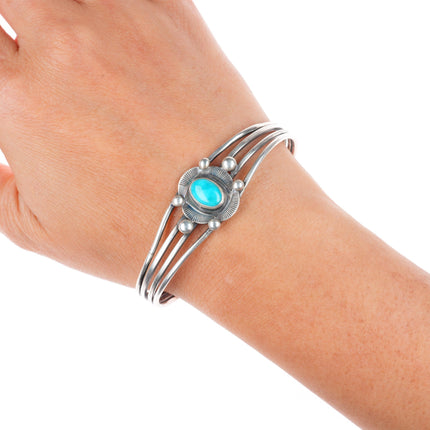 6.5" 1930's vintage Navajo Ingot silver 4 shank cuff bracelet Blue Gem turquoise