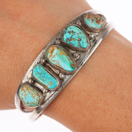 6.2" c1950 vintage Navajo sterling silver row cuff bracelet with nice turquoise