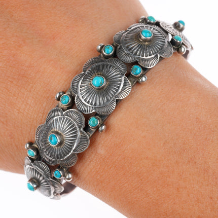 6.5" c1920-30's Navajo ingot silver conchos snake eye turquoise cuff bracelet