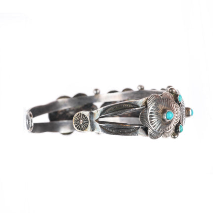 6.5" c1920-30's Navajo ingot silver conchos snake eye turquoise cuff bracelet